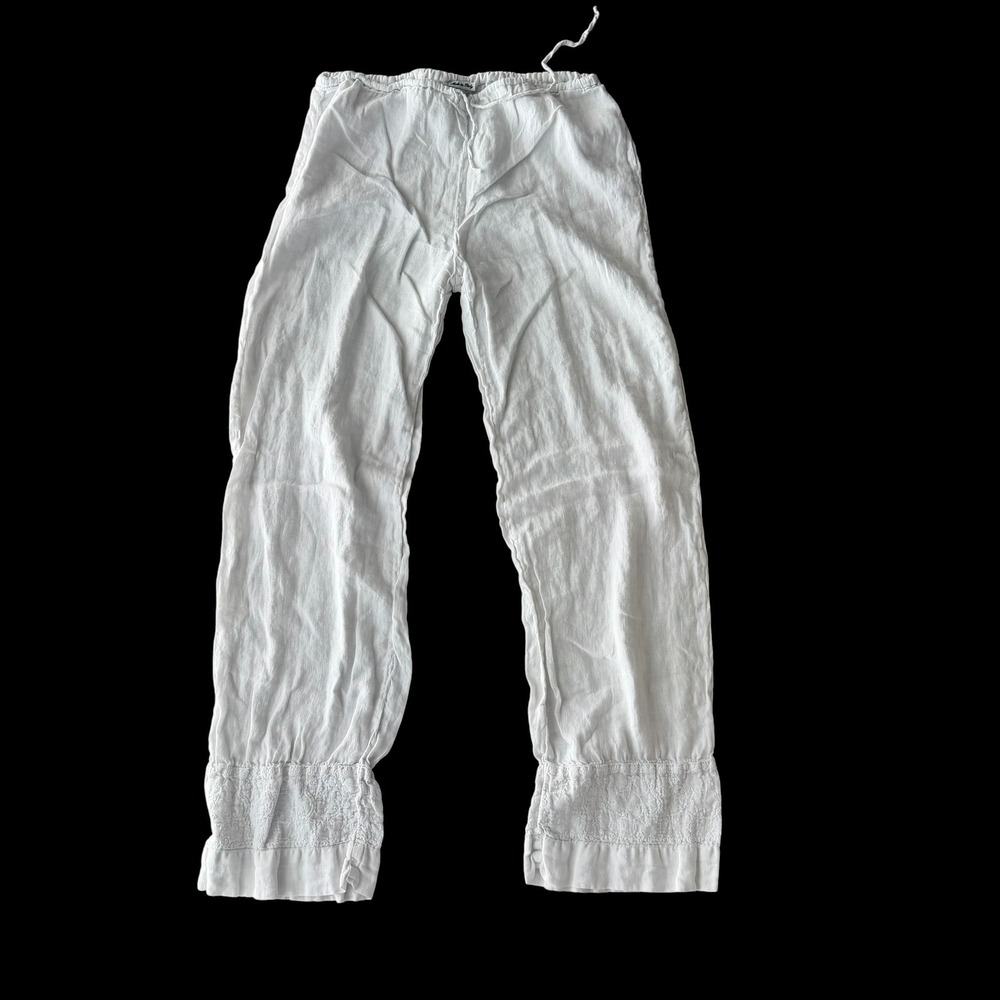 120% Lino Made in Italy White Linen Embroidered Ruffle Hem Drawstring Pants